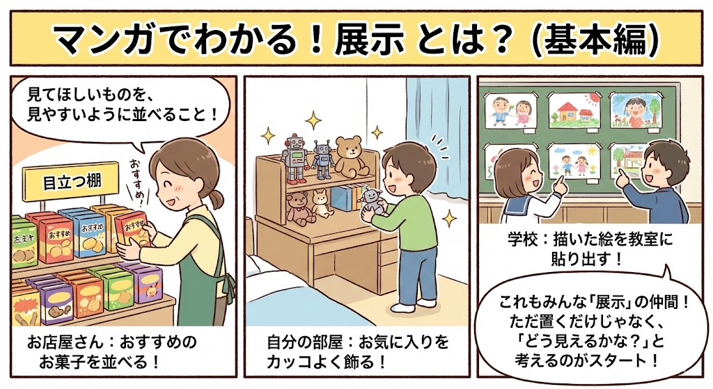 展示の身近な例：お店屋さん、自分の部屋、学校